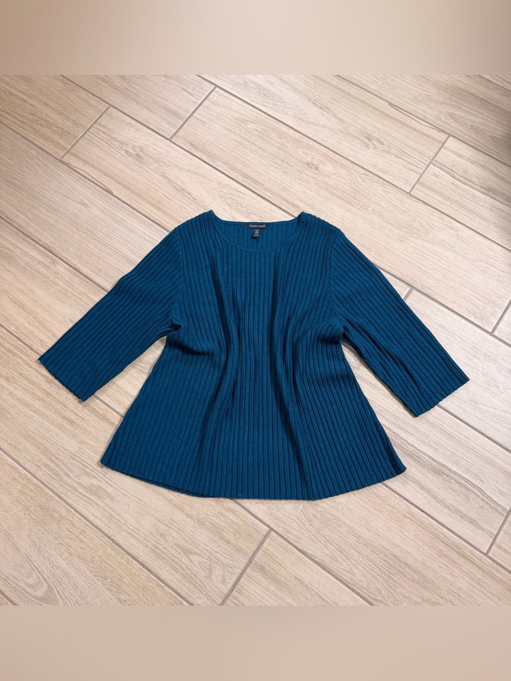 Eileen Fisher Teal Blue Pleated Rib Knit Tunic Top XL 3/4 Sleeve Lagenlook